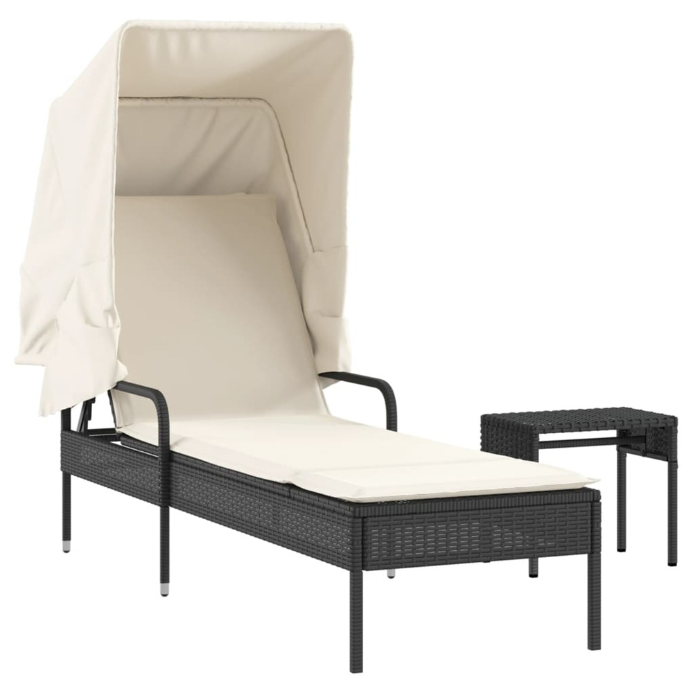 Chaise longue avec auvent et table noir résine tressée bain de soleil