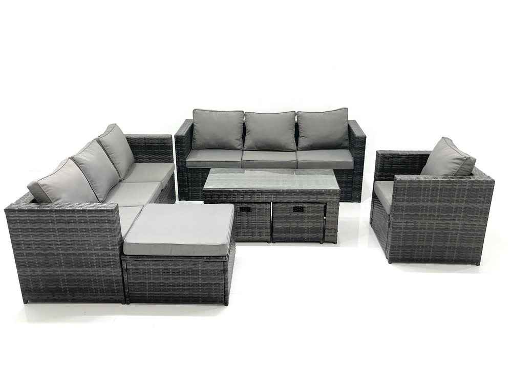 Ensemble de meubles de jardin en polyrotin 10 places avec canapé table basse 3 tabourets fauteuil gris foncé mixte