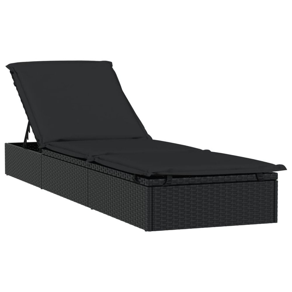 Chaise longue 1 pc avec coussin noir 201x55x62cm résine tressée bain de soleil
