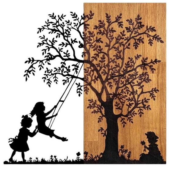 Décoration murale en bois et métal walnut arbre et enfants