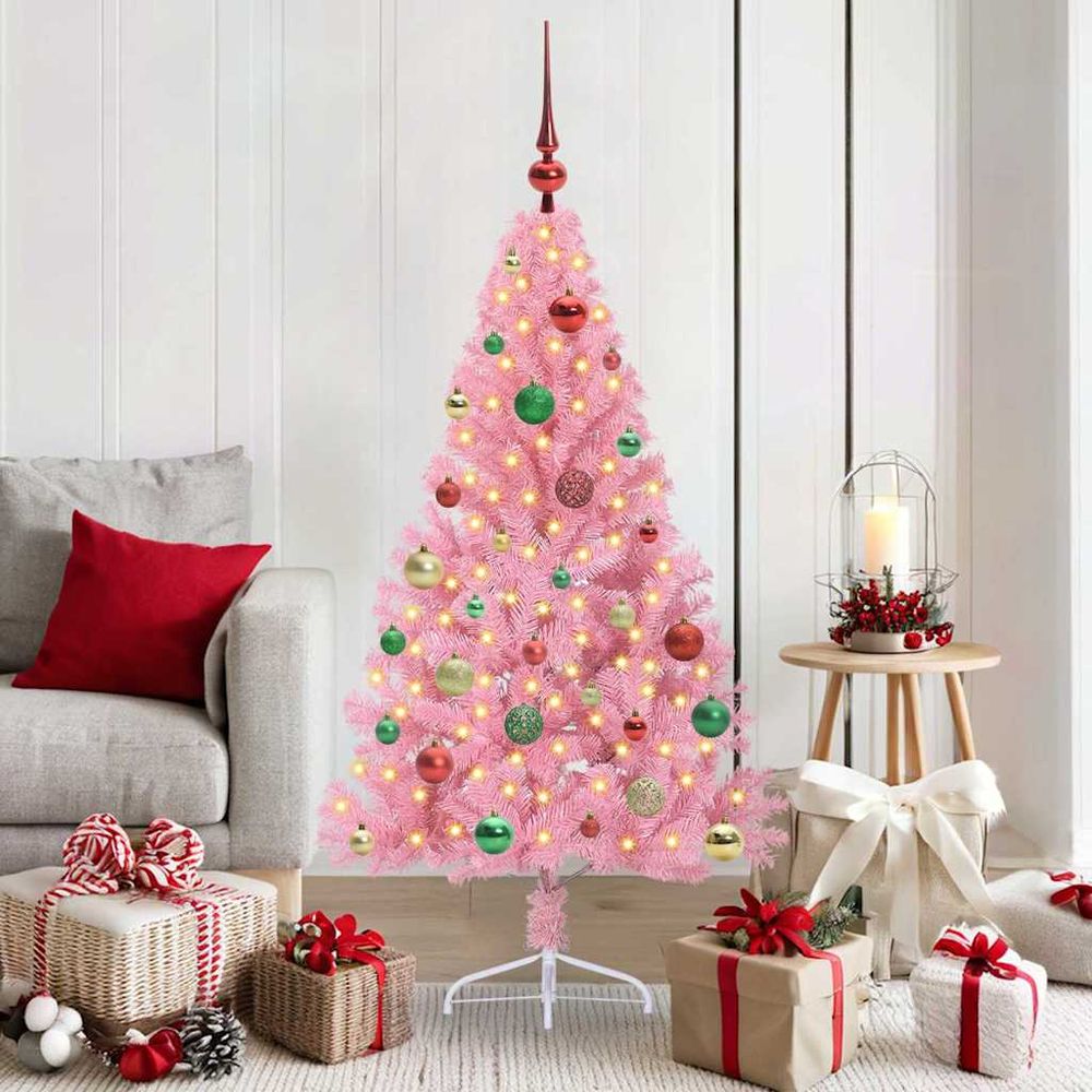 Sapin de fête artificiel rose 150 cm, kit lumineux complet prêt à décorer