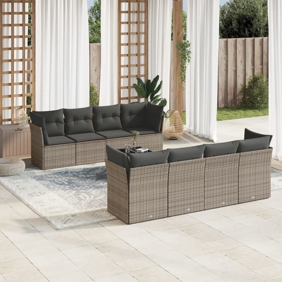 Salon de jardin 9 pcs avec coussins gris résine tressée