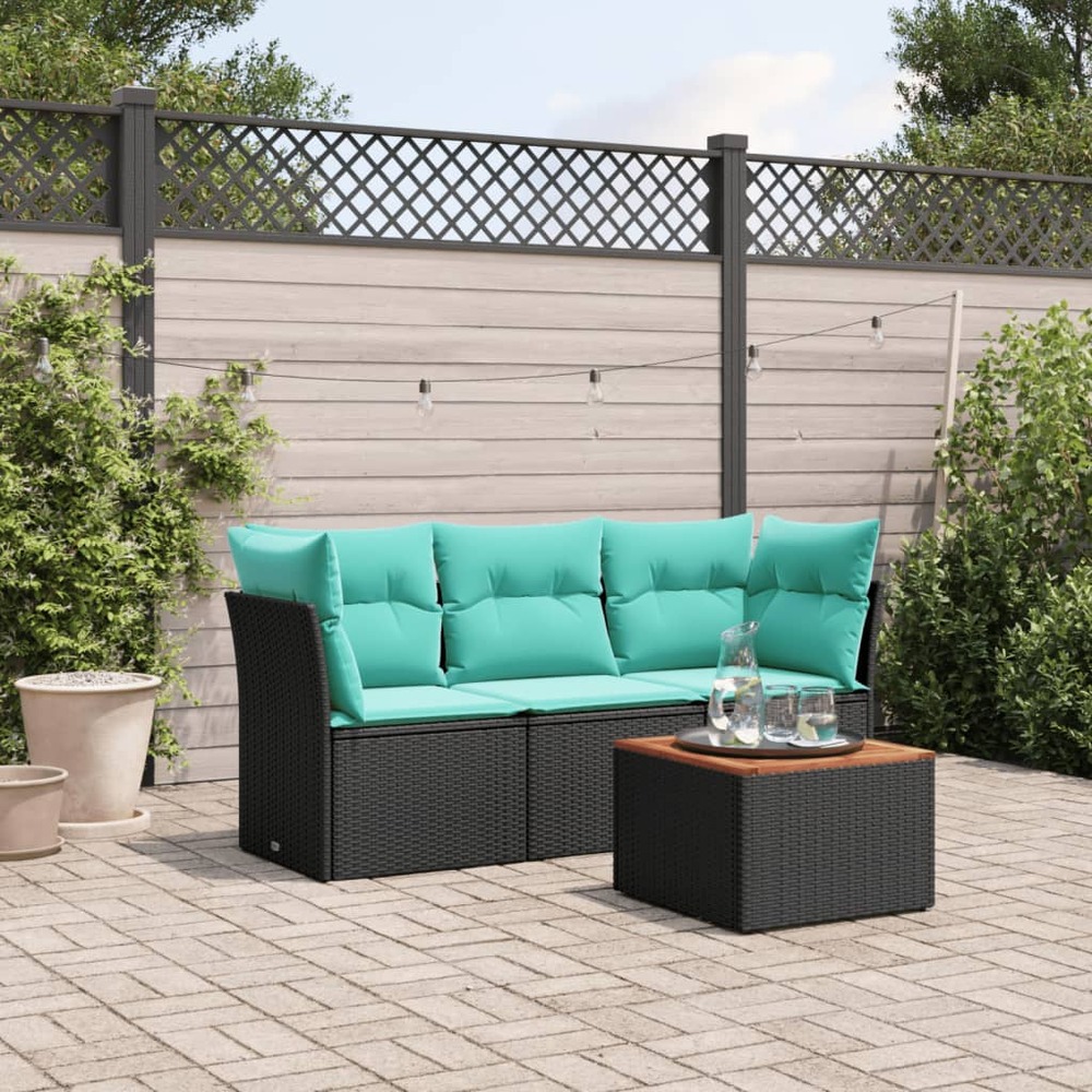 Salon de jardin 4 pcs avec coussins noir résine tressée