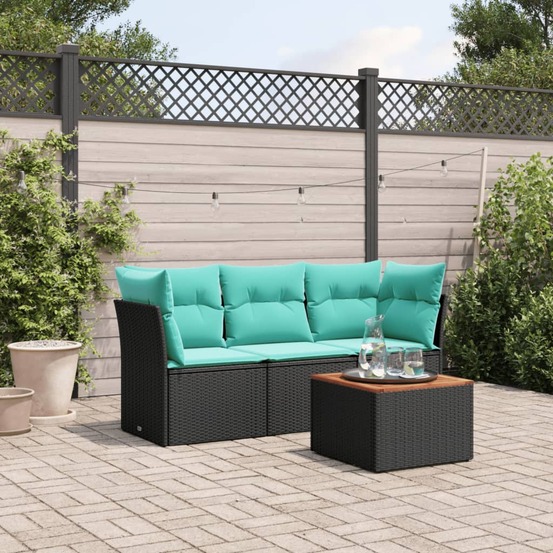 Salon de jardin 4 pcs avec coussins noir résine tressée