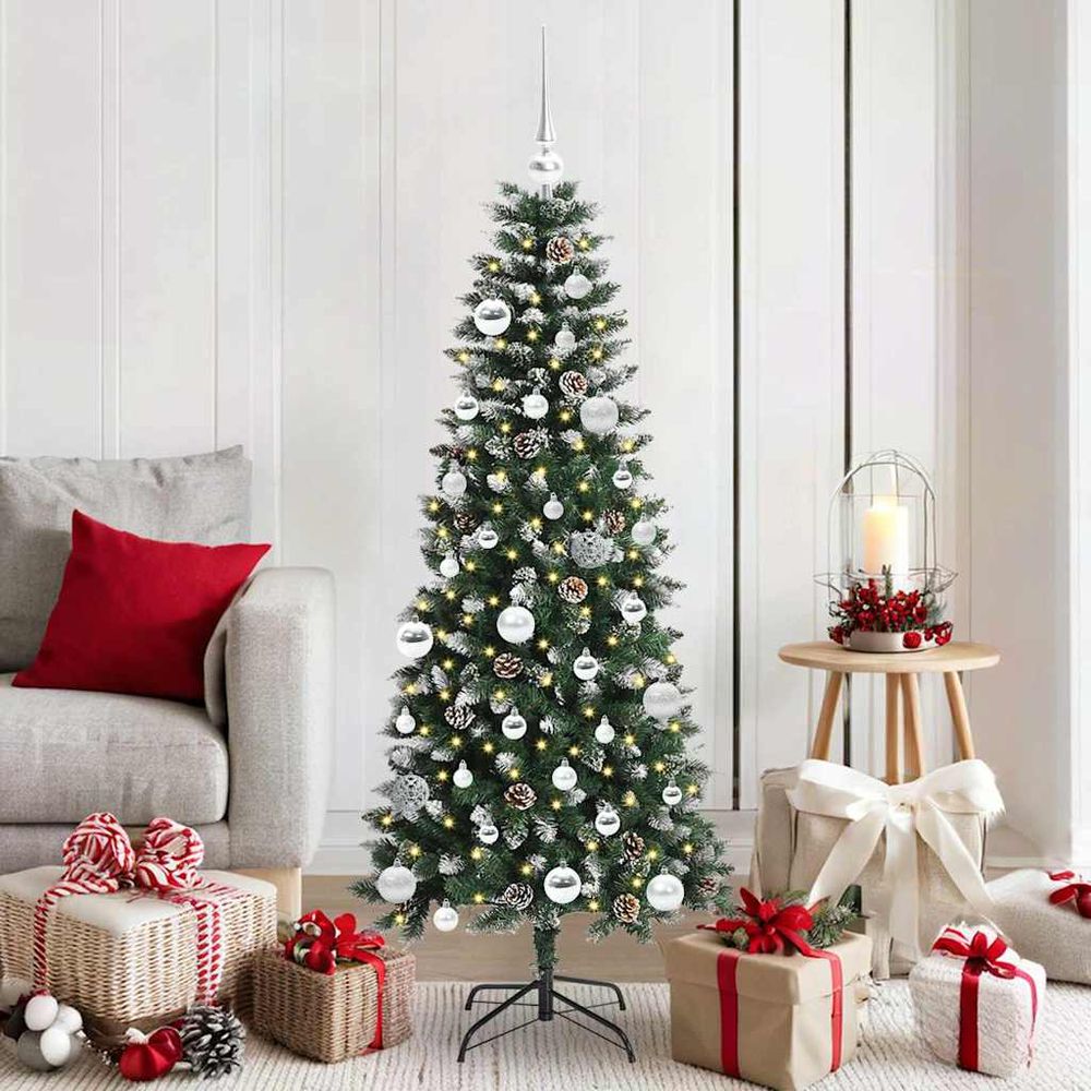 Grand sapin artificiel 150 cm effet neige, pack complet avec lumières led et déco usb