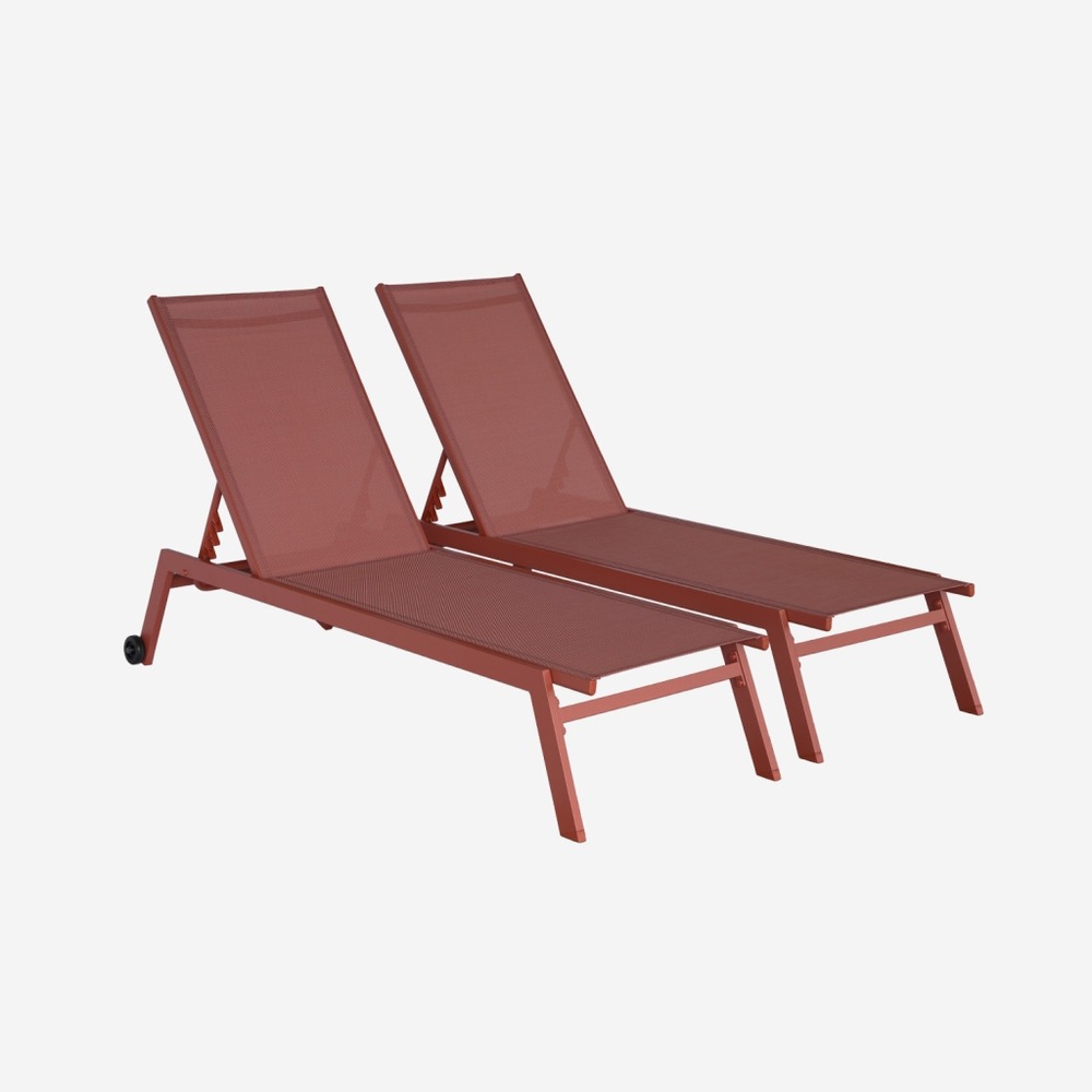 Lot de 2 bains de soleil elsa en aluminium et textilène , transats multi positions avec roulettes