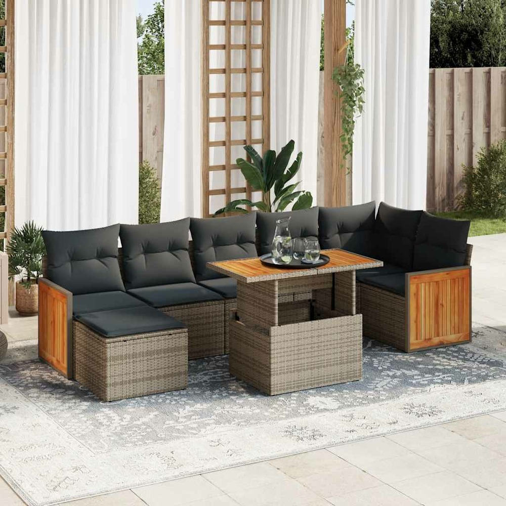 Salon de jardin avec coussins 8 pcs gris résine tressée acacia