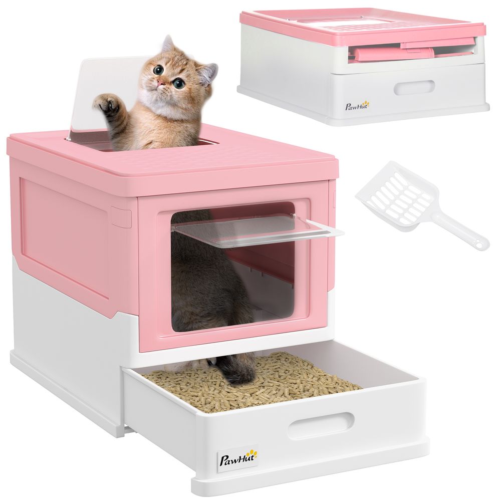 Grande maison toilette chat fermée plastique pp double accès tiroir pliable 47cm rose