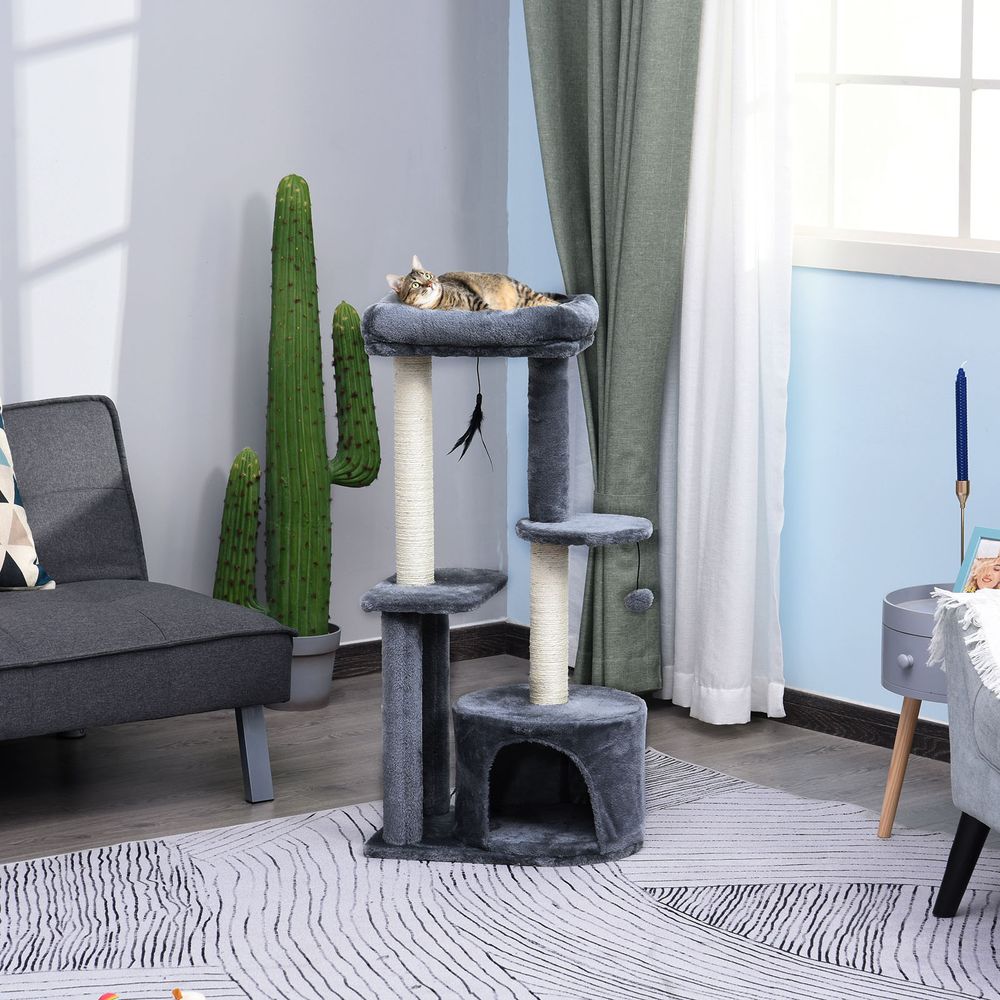 Arbre à chats avec griffoirs grattoirs sisal naturel centre d'activités niche plateformes 2 jouets suspendus gris