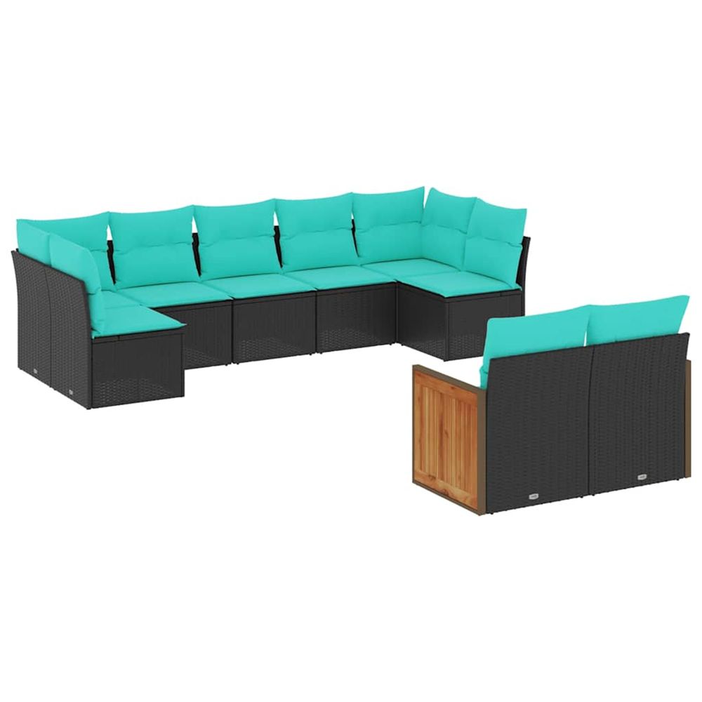 Salon de jardin 9 pcs avec coussins noir résine tressée
