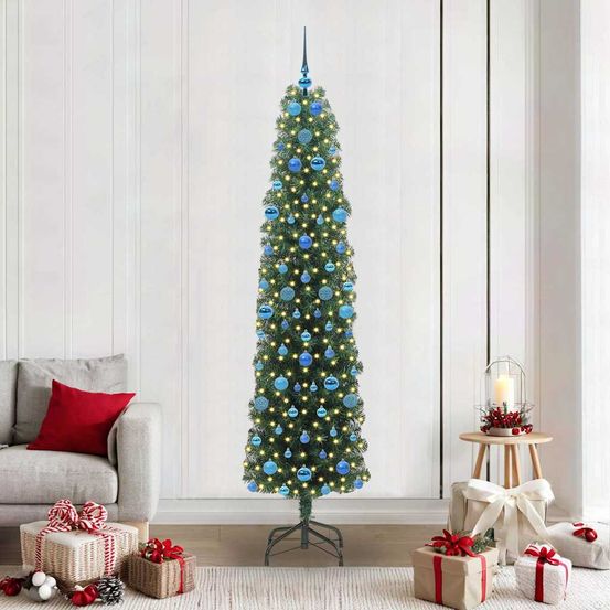Grand sapin de noël conique 210cm, kit complet avec 300 led et 120 boules
