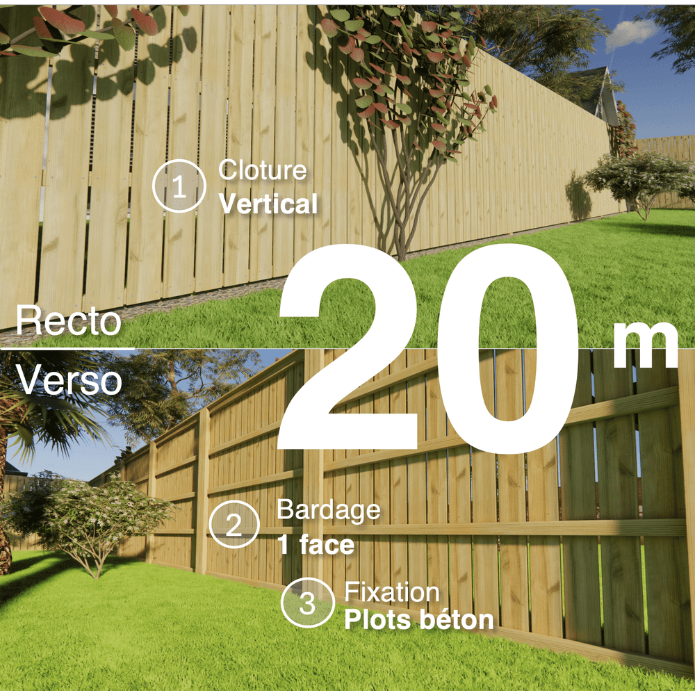 Kit clôture bois moderne 20m – h 2,3m – 21 x 145 mm autoclave vert – pose vertical – simple face – à sceller