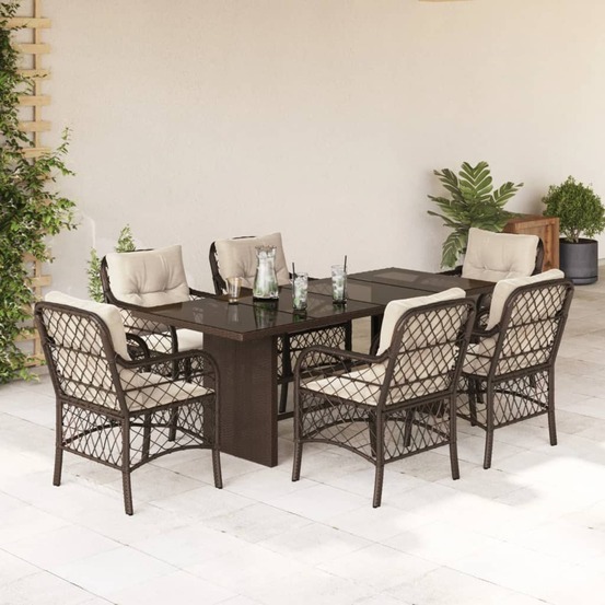 Ensemble à manger de jardin et coussins 7 pcs marron rotin