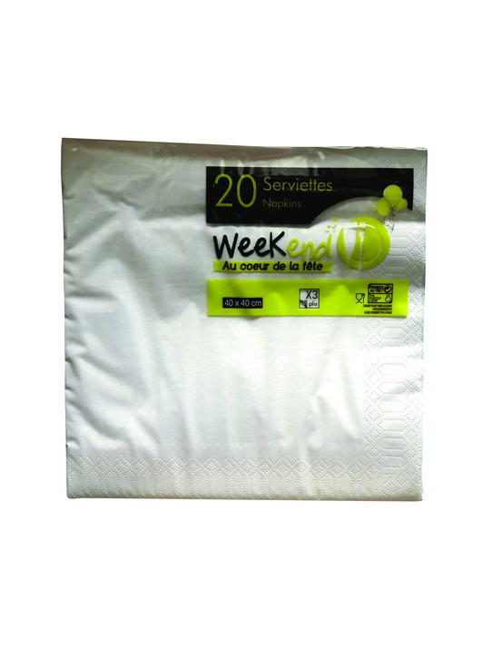 20 serviettes blanches 3 plis 40x40cm - publi embal