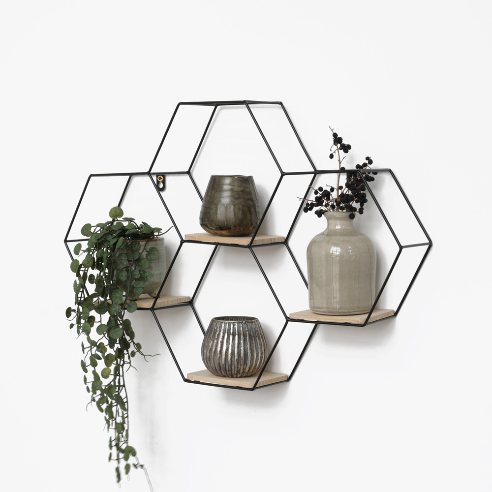 Etagère murale quadruple hexagonale en métal - 40,5x58 cm - noir