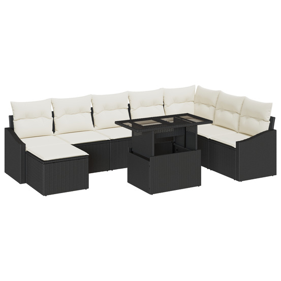 Ensemble de canapé de jardin 9 pièces avec coussins en poly rattan noir