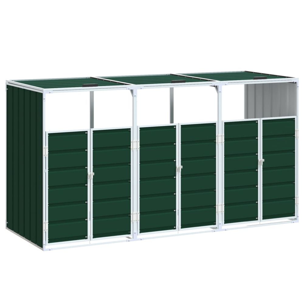 Rangement à roulettes pour poubelles pour trois bacs vert acier