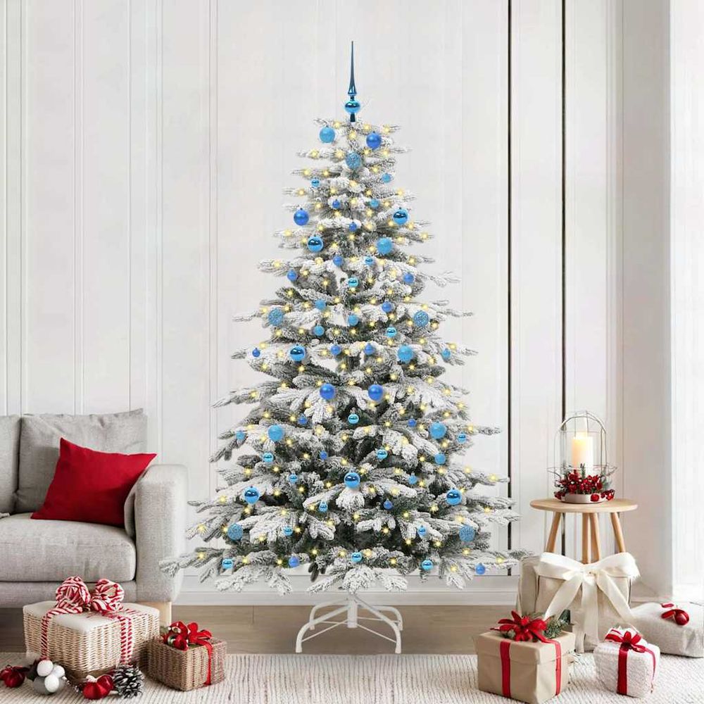Grand sapin de noël artificiel blanc 210 cm, kit complet lumineux avec 120 boules