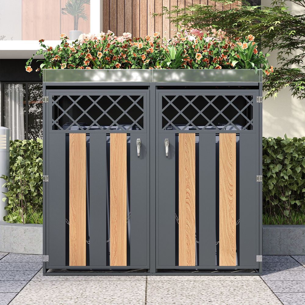 Cache-poubelle double acier extérieur avec jardinière verrouillable 132x124cm gris bois - comfortxl outdoor living