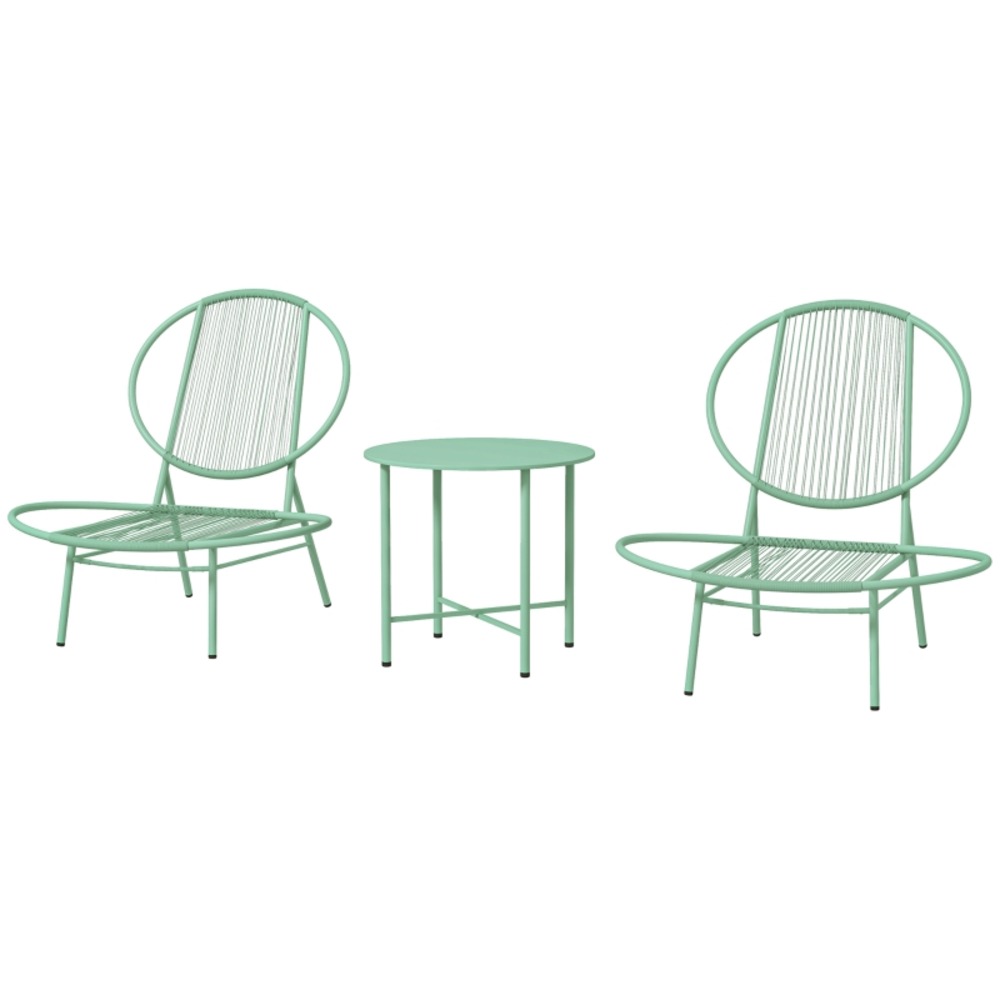Ensemble bistro 3 pièces acier: table +2 chaises coque, résistant intempéries, idéal balcon vert