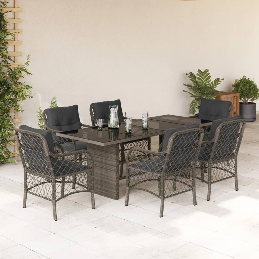 Ensemble à manger de jardin et coussins 7 pcs gris rotin