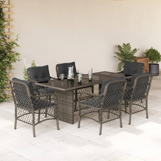 Ensemble à manger de jardin et coussins 7 pcs gris rotin