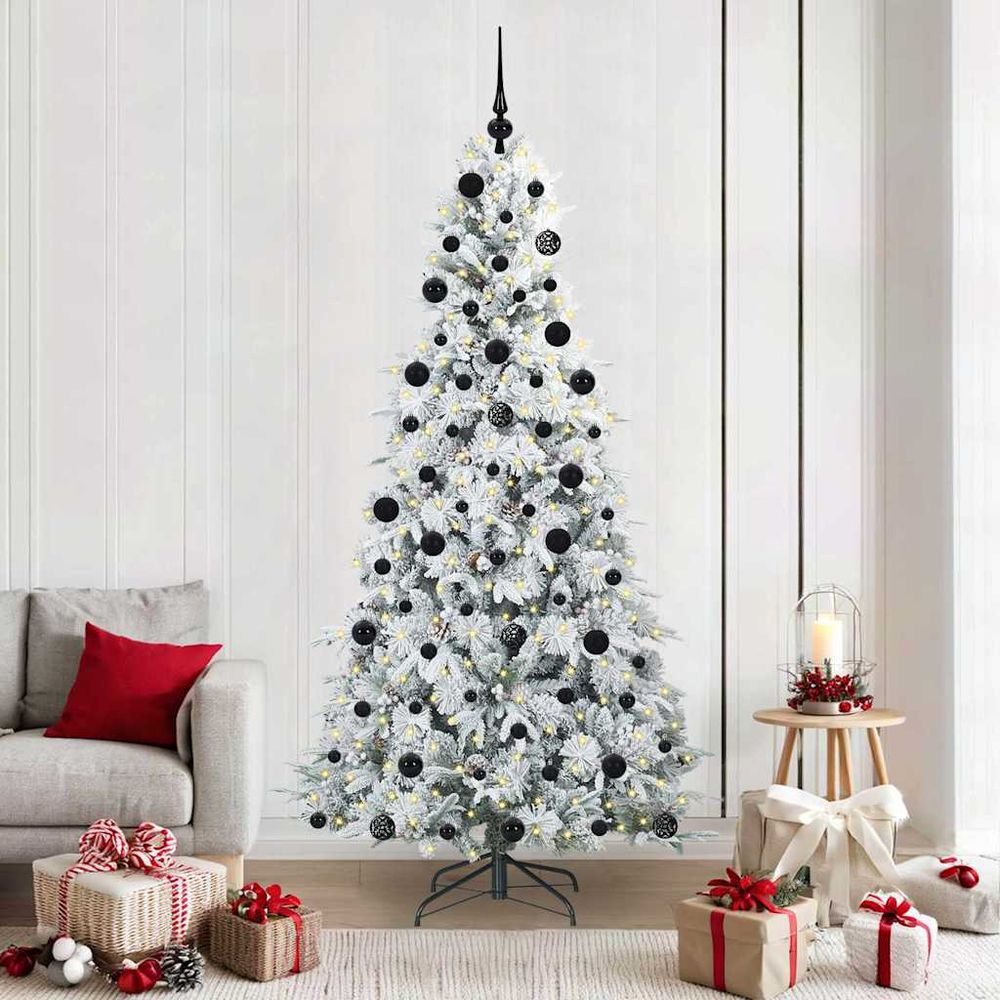 Sapin artificiel touffu 210cm, fourni avec 120 boules, baies rouges et guirlande lumineuse