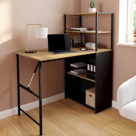 Bureau bibliothèque pliable ray plateau rabattable bois façon hêtre et noir