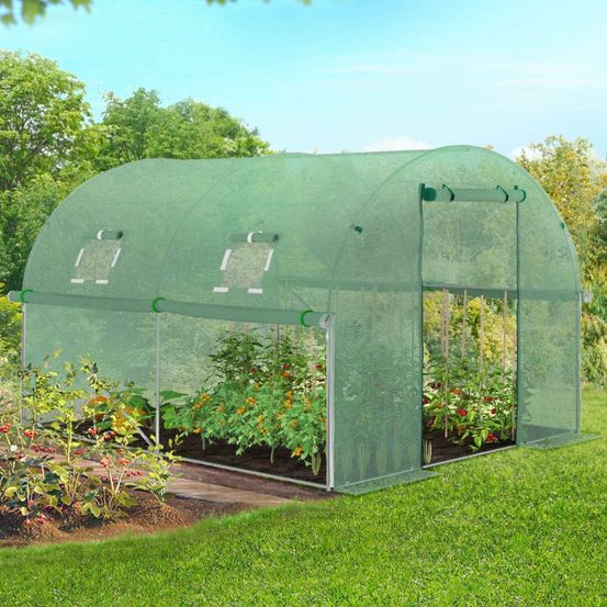 Serre de jardin tunnel 6m² 3 x 2 x 2 m acier galvanisé + bâche anti-uv avec porte et fenêtres roma verte toutes saisons