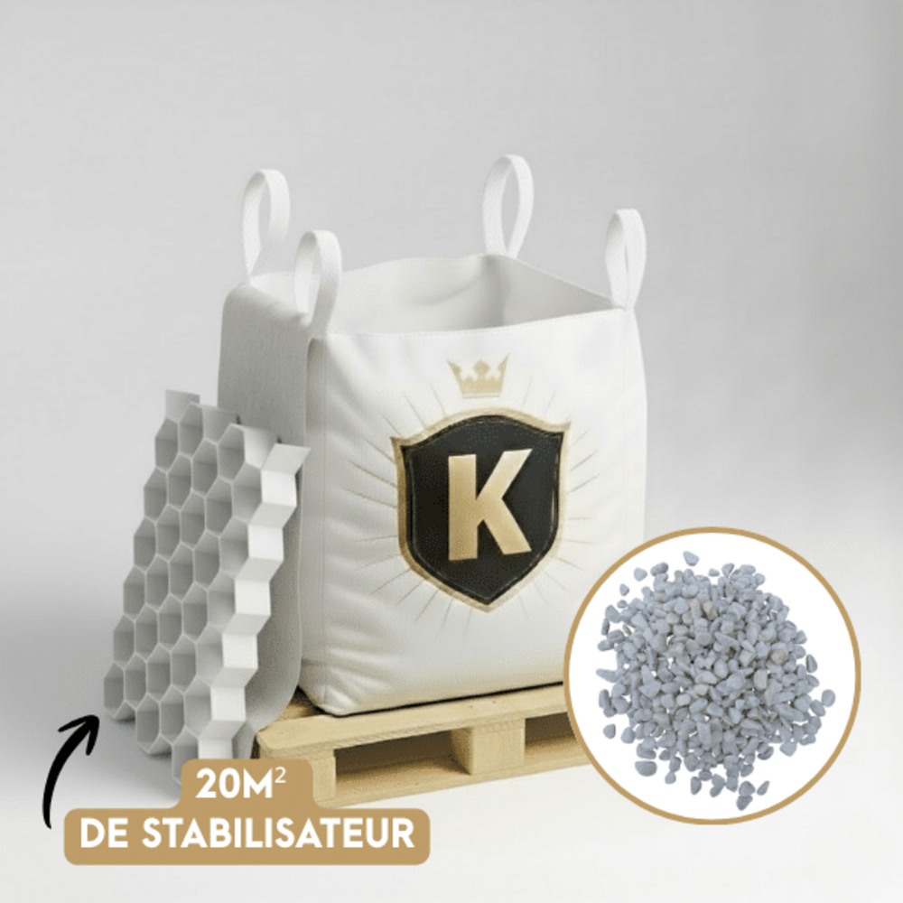 Kit galets blanc + dalles stabilisatrices = 1 big bag galet blanc roulé 8/12 1,5t + 20m2 dalles stabilisatrices blanches