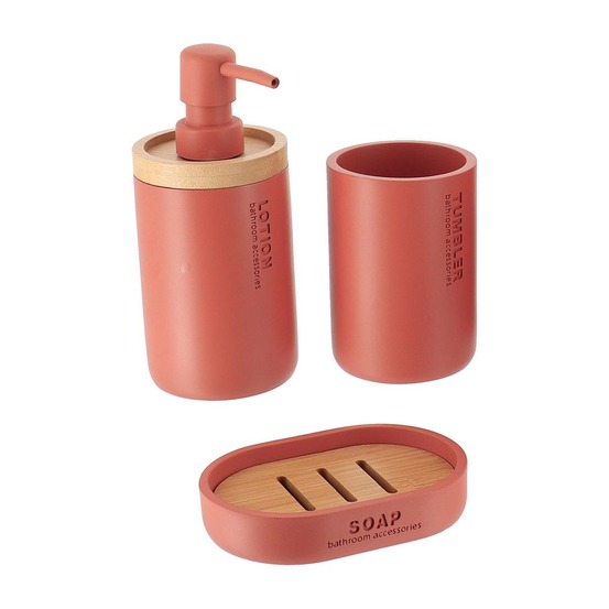 Set gobelet distributeur a savon et porte savon polyresine- terracotta/bambou