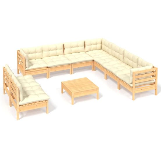 Salon de jardin 10 pcs avec coussins crème bois de pin massif