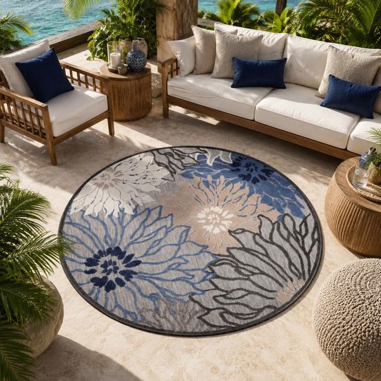 Tapis rond d'extérieur ø150cm tissé kilim bleu et gris chimeka