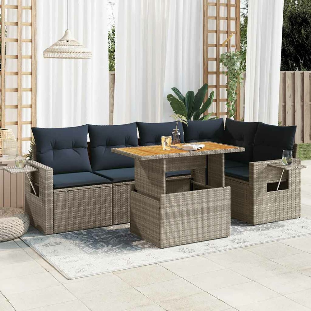 Salon de jardin 6 pcs avec coussins gris résine tressée