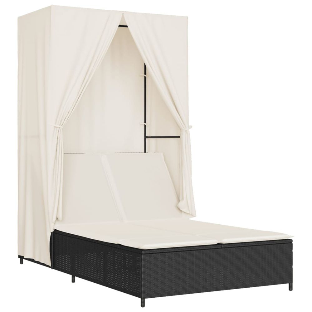 Chaise longue double avec toit et rideaux noir résine tressée bain de soleil