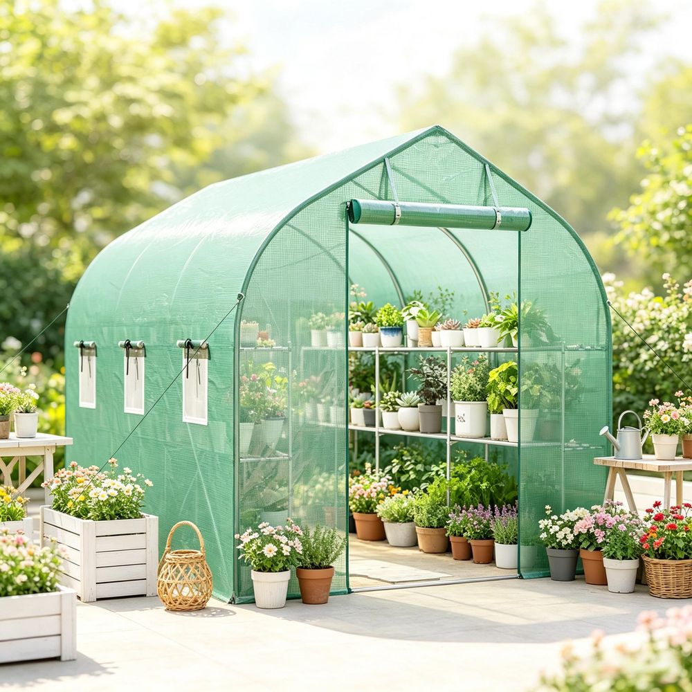 Serre tunnel pe vert 198 x 293 x 194 cm avec étagères porte et 6 fenêtres - comfortxl outdoor living