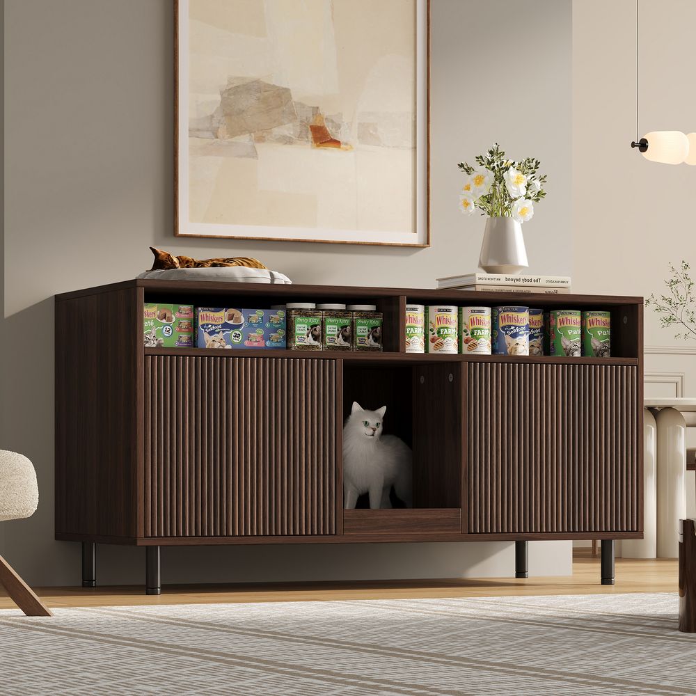 Meuble cache-litière en bois pour chat avec rangement et tapis 120x50x66cm noyer