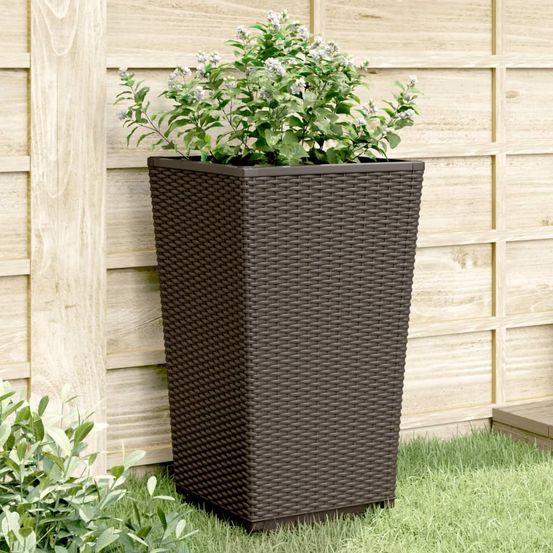 Lot de 2 jardinières hautes aspect rotin pour décoration de terrasse 32,5x57 cm marron