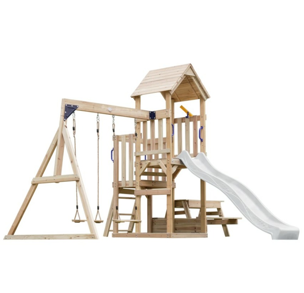 Portique mette 2 balançoires + table toboggan blanc