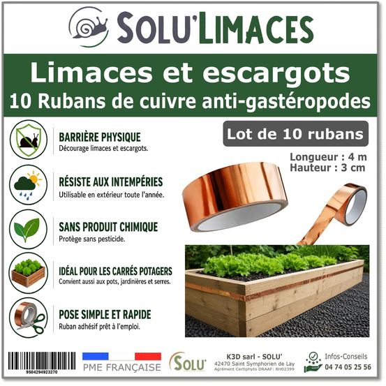10 ruban de cuivre anti-limaces et escargots solu'limaces - barrière physique adhésive pour potager, jardinières et bacs