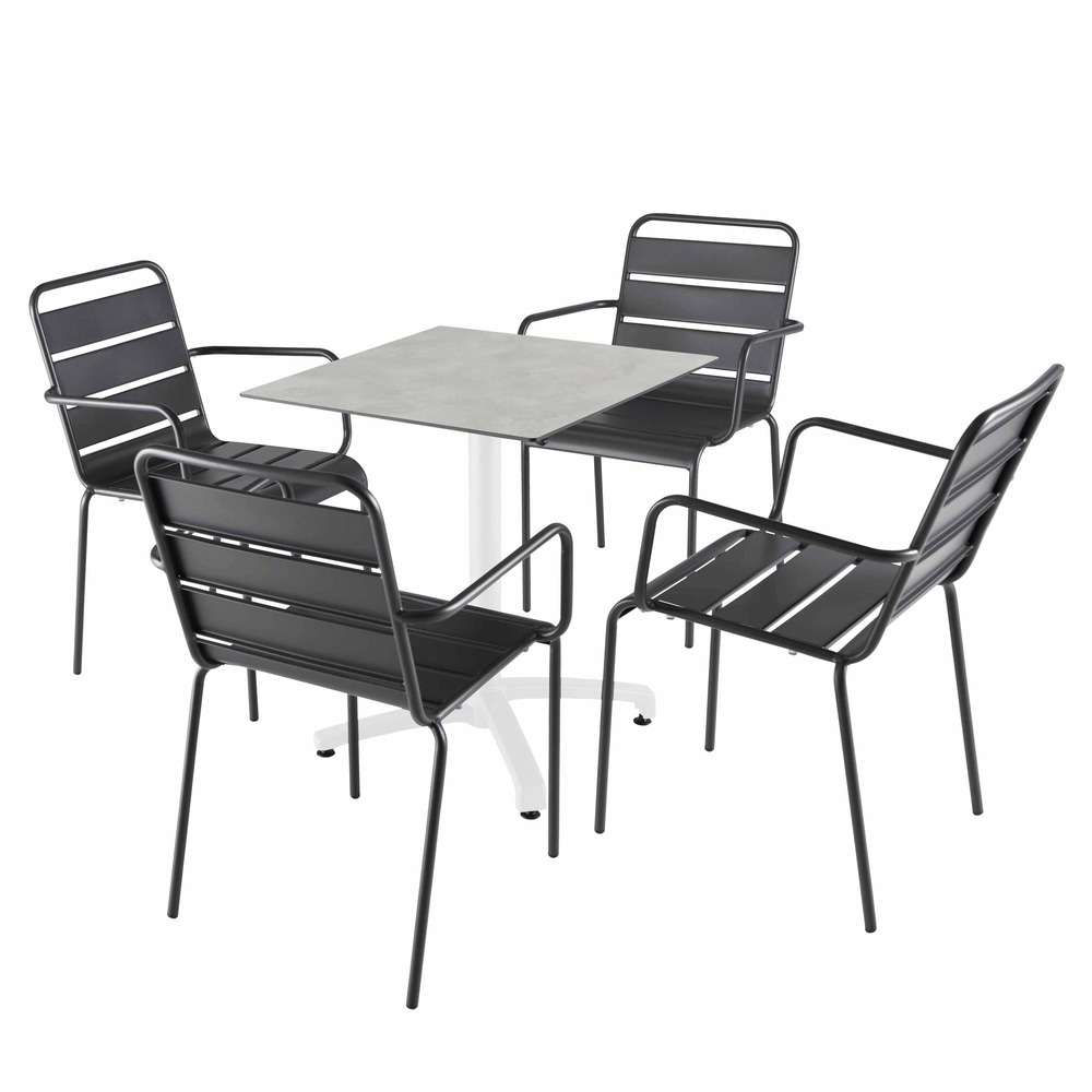 Ensemble table 70 cm gris clair et 4 chaises en métal gris