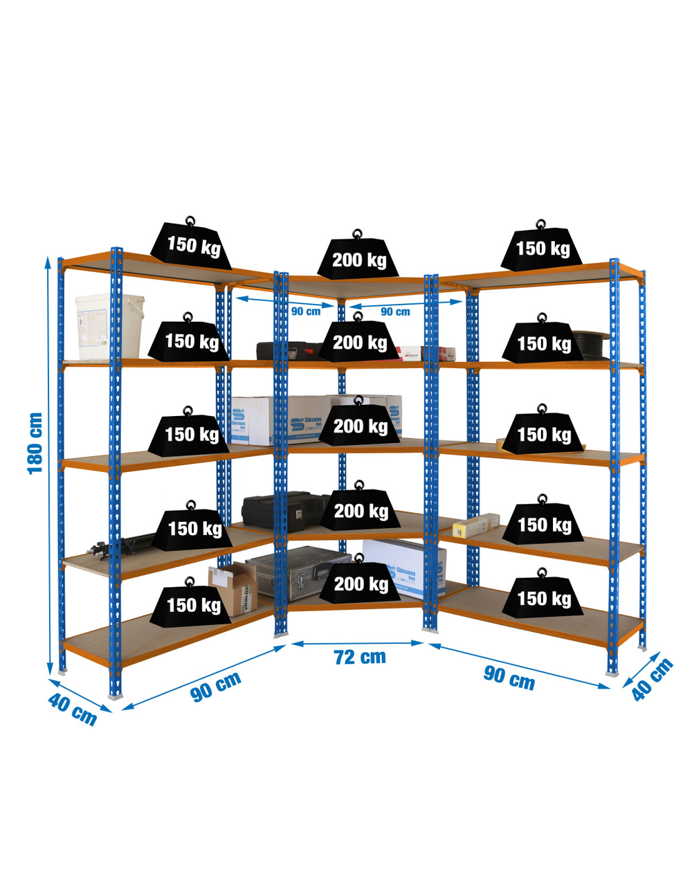 Etagère légère sans vis pack maderclick corner 5/400 +2 mader 5/400 a/orang/m bleu/orange/bois 1800x1800x400 - simonrack