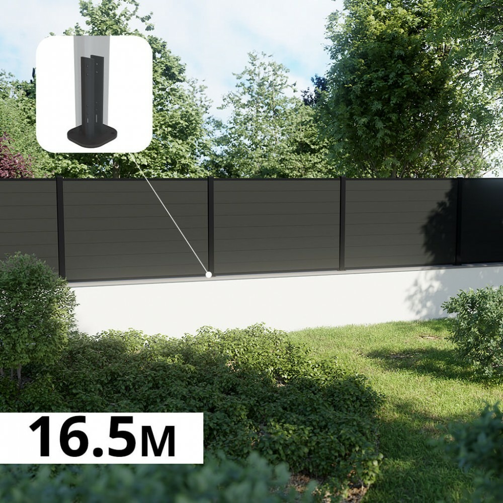 Kit clôture composite sur muret rio anthracite 16,5x1,2m - bois composite & aluminium - poteaux sur platines noir - brise vue