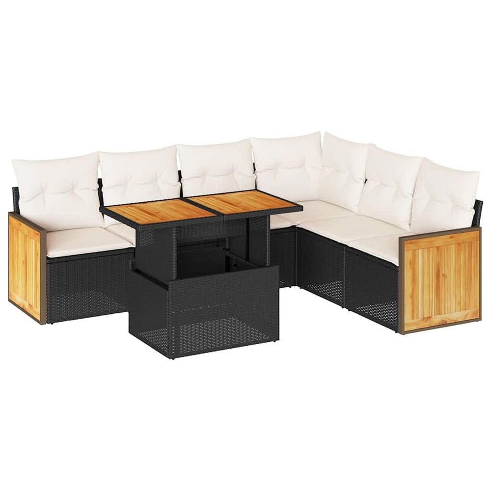 Salon de jardin avec coussins 7 pcs noir résine tressée acacia