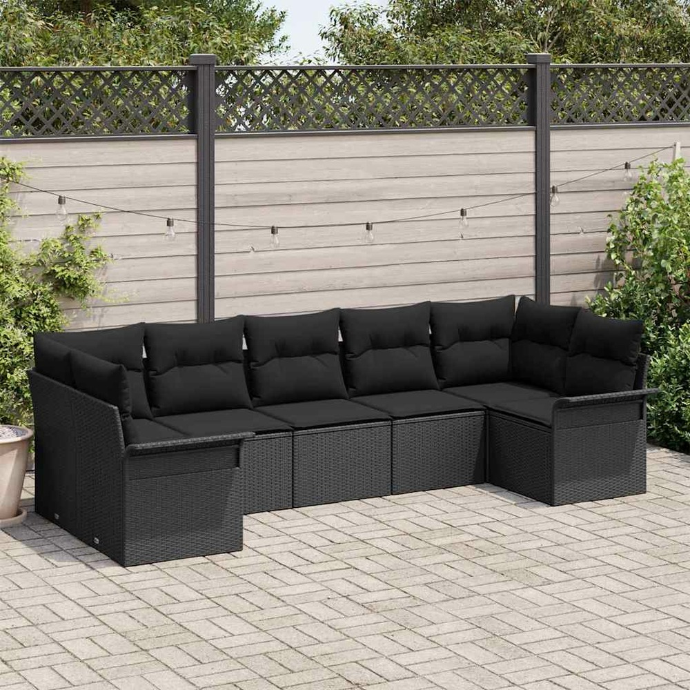 Ensemble de canapé de jardin avec coussin 7 pcs noir polyrotin