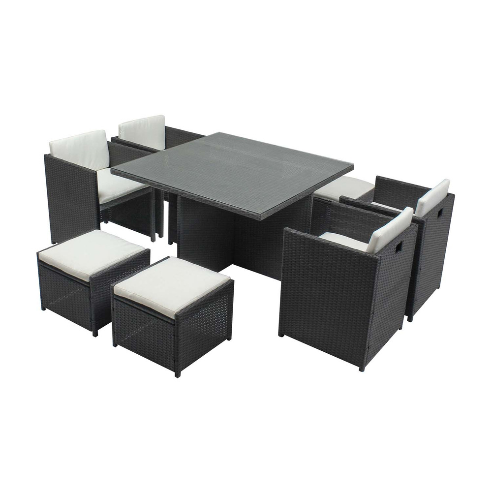 Table et chaises 8 places encastrables en résine gris-blanc miami