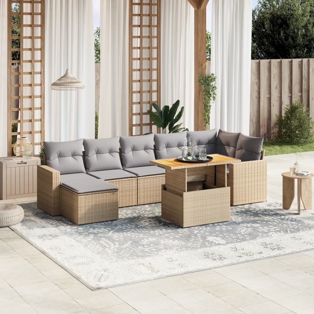Salon de jardin avec coussins 8 pcs beige résine tressée