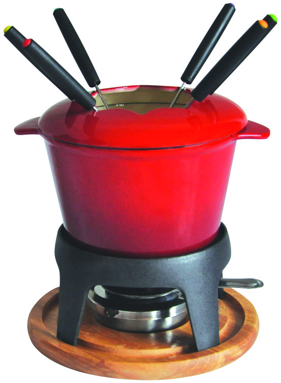 Service a fondue - fonte rouge - plateau bois 6 pers - ø17cm - baumalu
