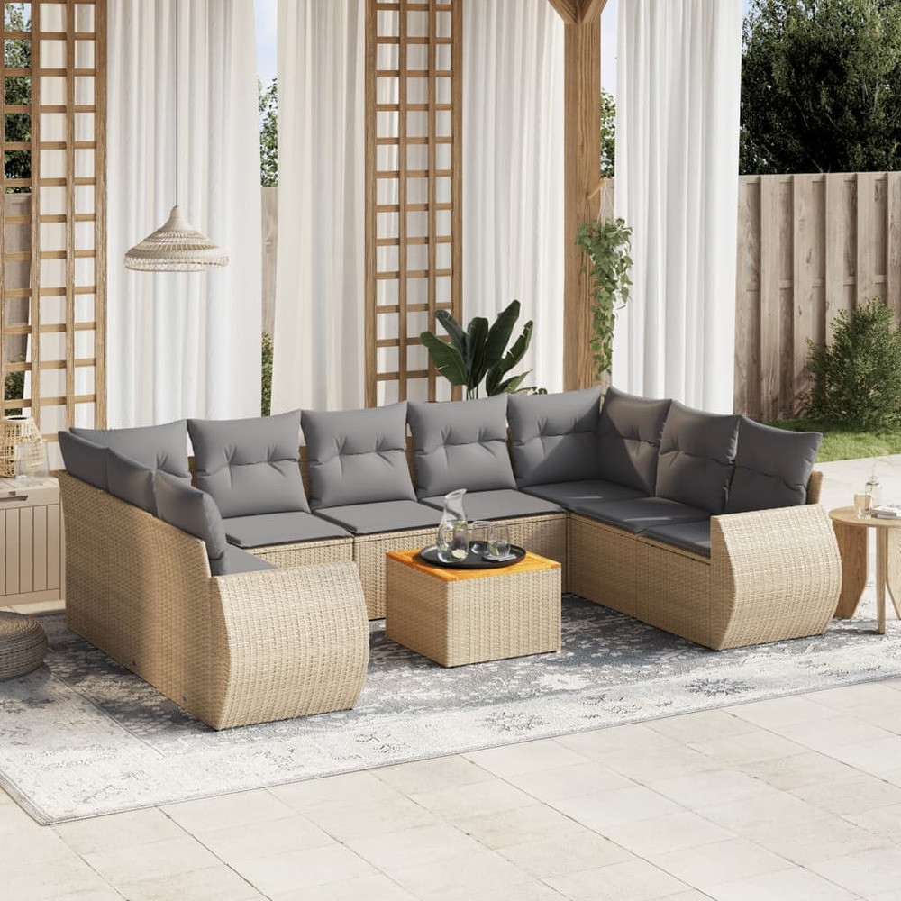 Salon de jardin avec coussins 10 pcs beige résine tressée