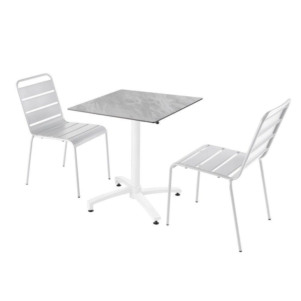 Ensemble table de terrasse stratifié marbre et 2 chaises blanc
